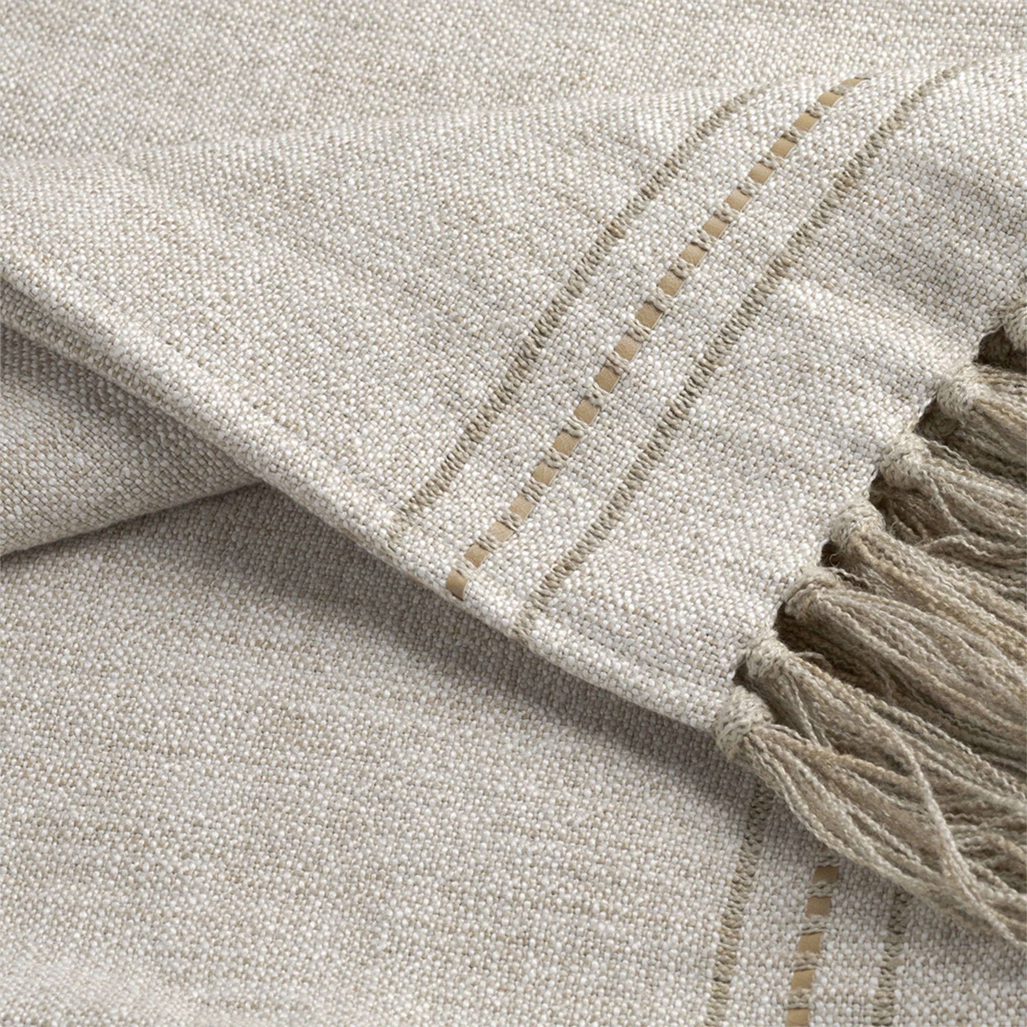 Hoxton Linen Luxury Throw with Fringe and Leather Details - Flax