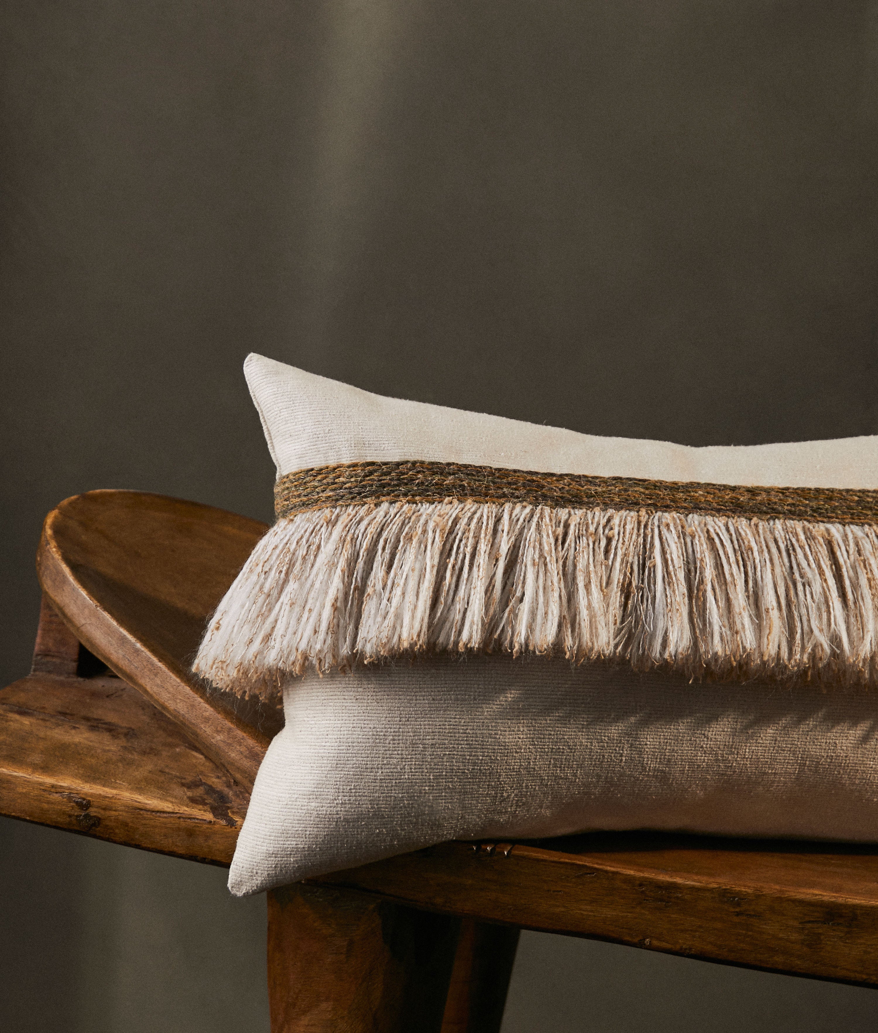 JUNGLE SILK CUSHION WITH TEXTURED FRINGE - COCONUT - Peter Staunton Design Studio