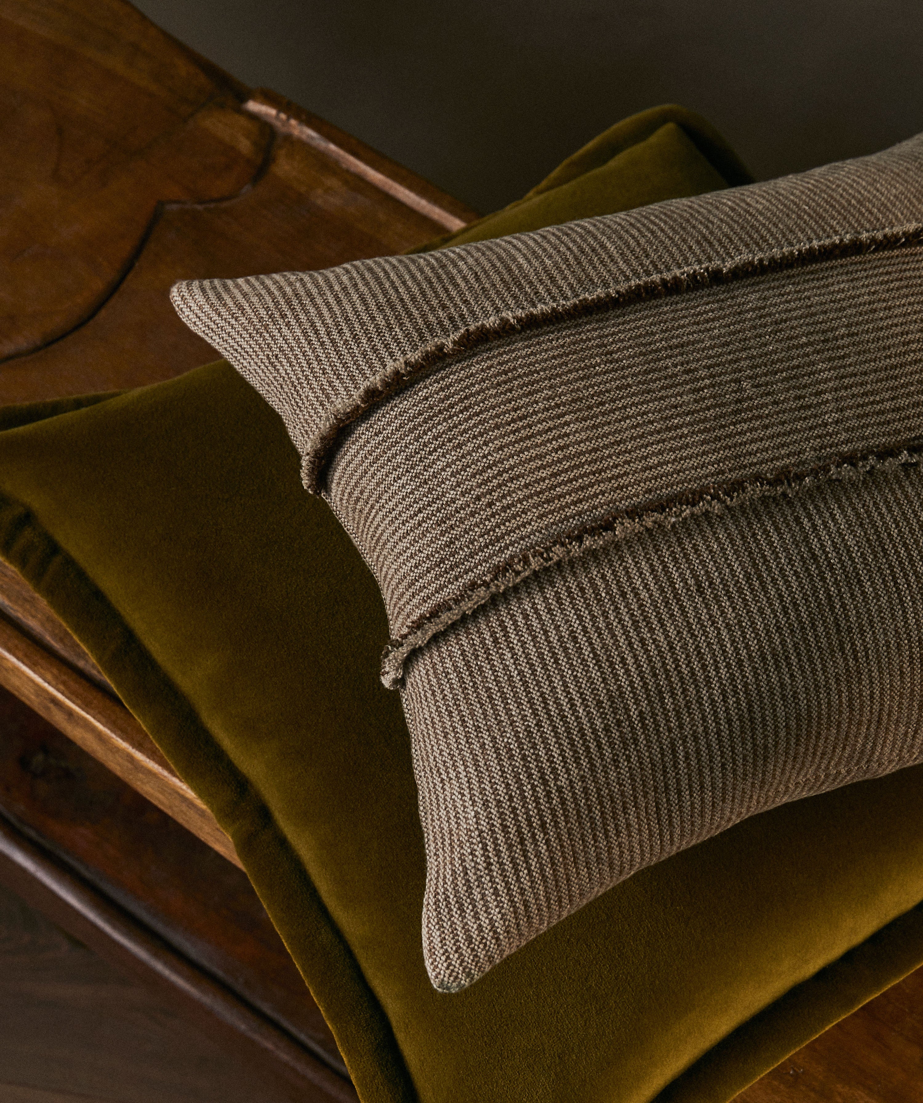 SALOPETTE CUSHION WITH FRINGED PANELS - KHAKI - Peter Staunton Design Studio