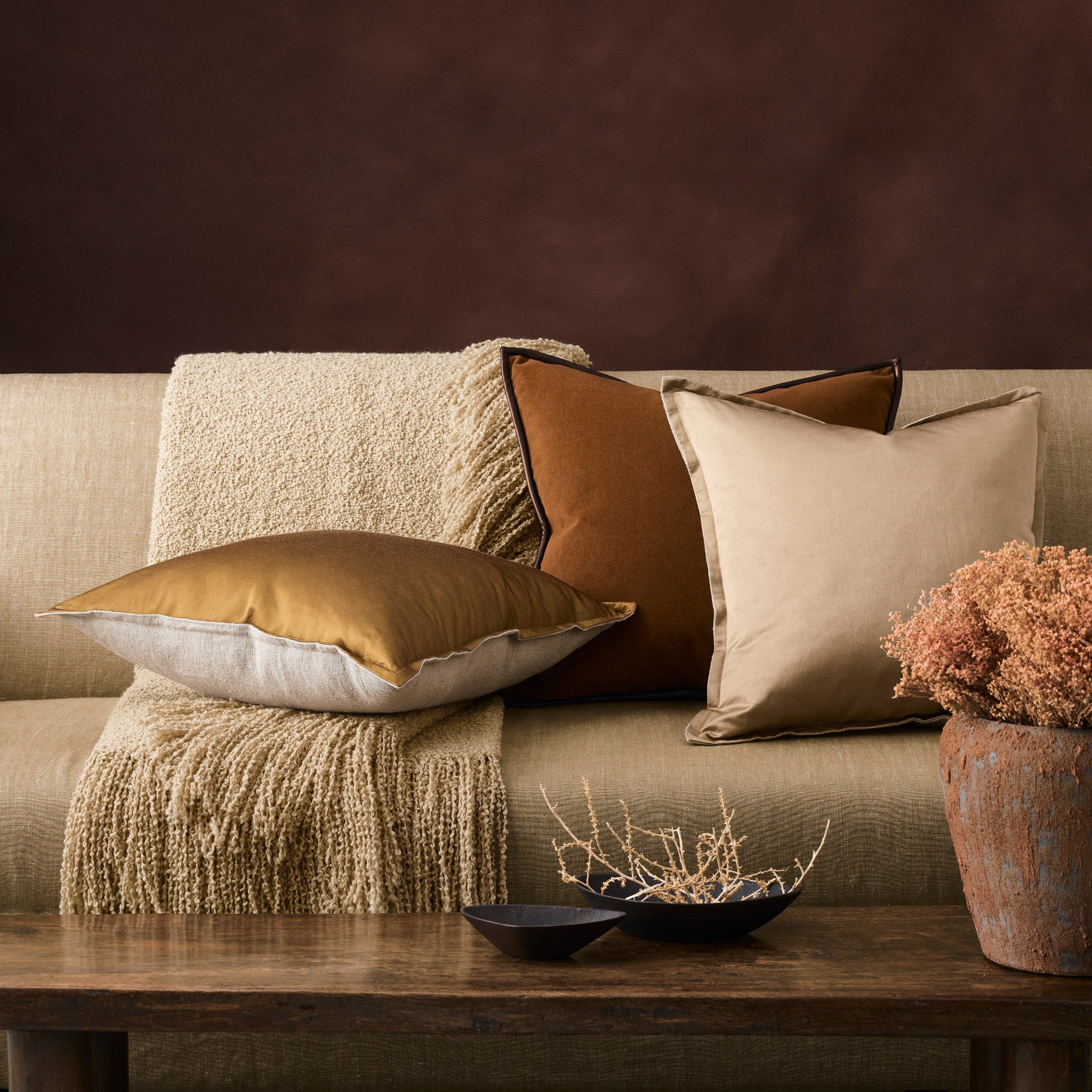 Merino Velvet Luxury Designer Cushion with Leather Trim - Maple