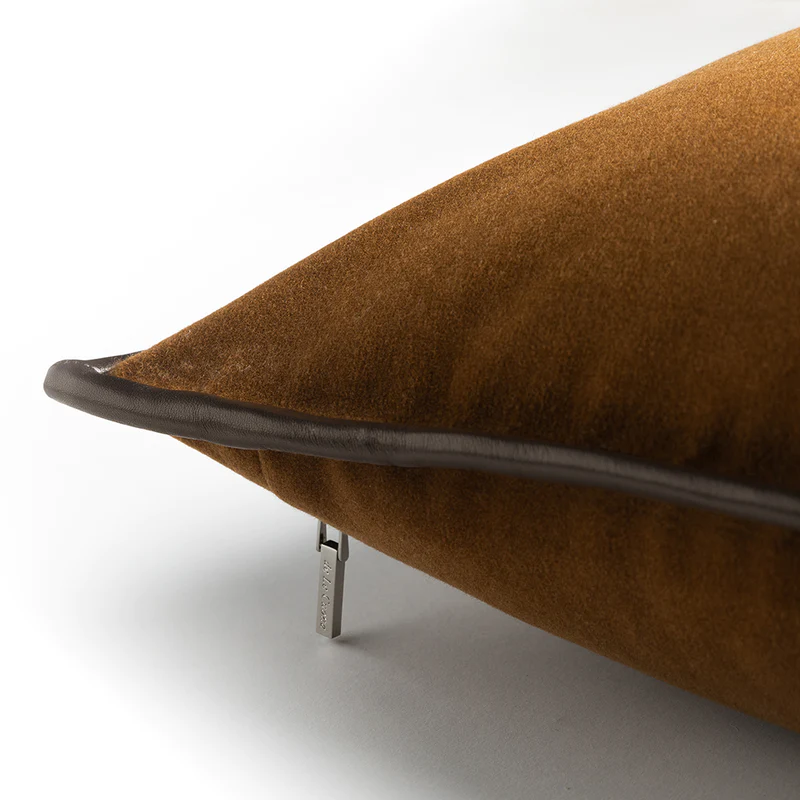 Merino Velvet Luxury Designer Cushion with Leather Trim - Maple