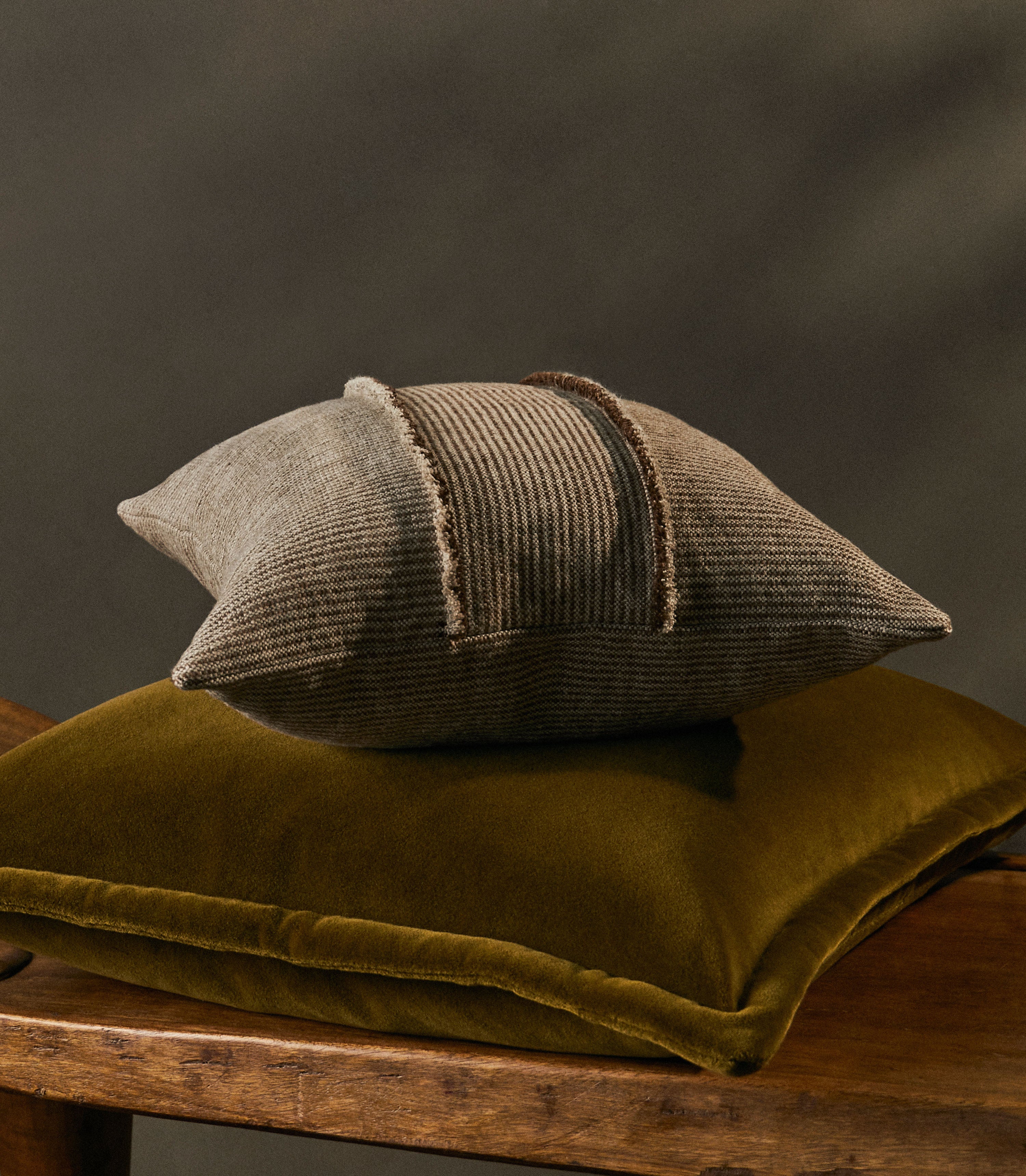 SALOPETTE CUSHION WITH FRINGED PANELS - KHAKI - Peter Staunton Design Studio