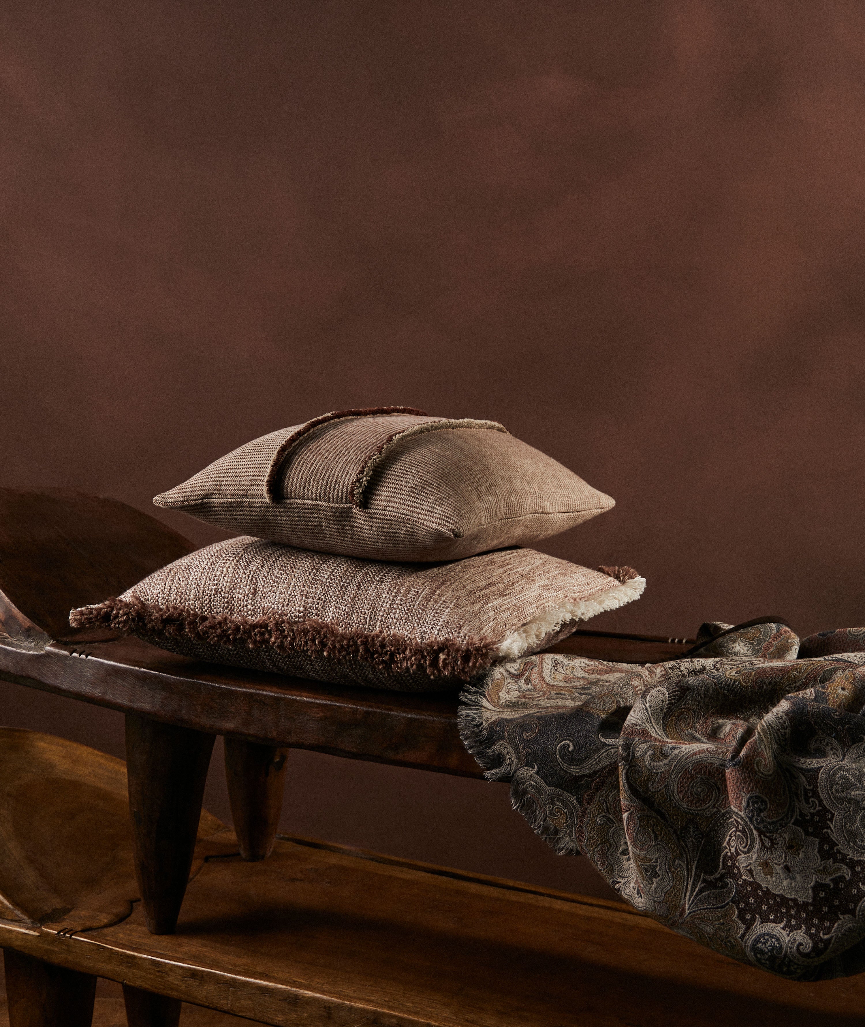 SALOPETTE CUSHION WITH FRINGED PANELS - MAROON - Peter Staunton Design Studio