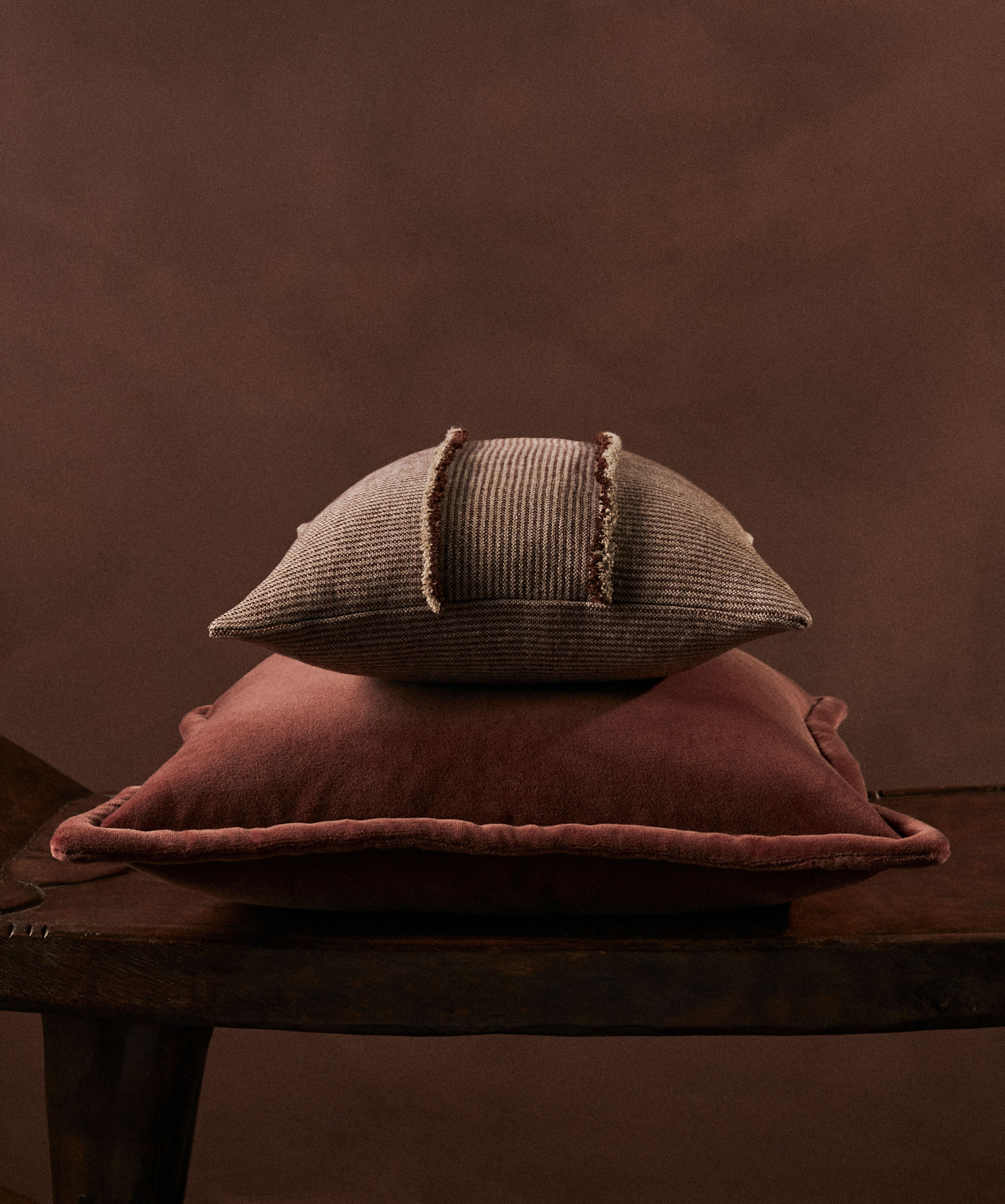 SALOPETTE CUSHION WITH FRINGED PANELS - MAROON - Peter Staunton Design Studio