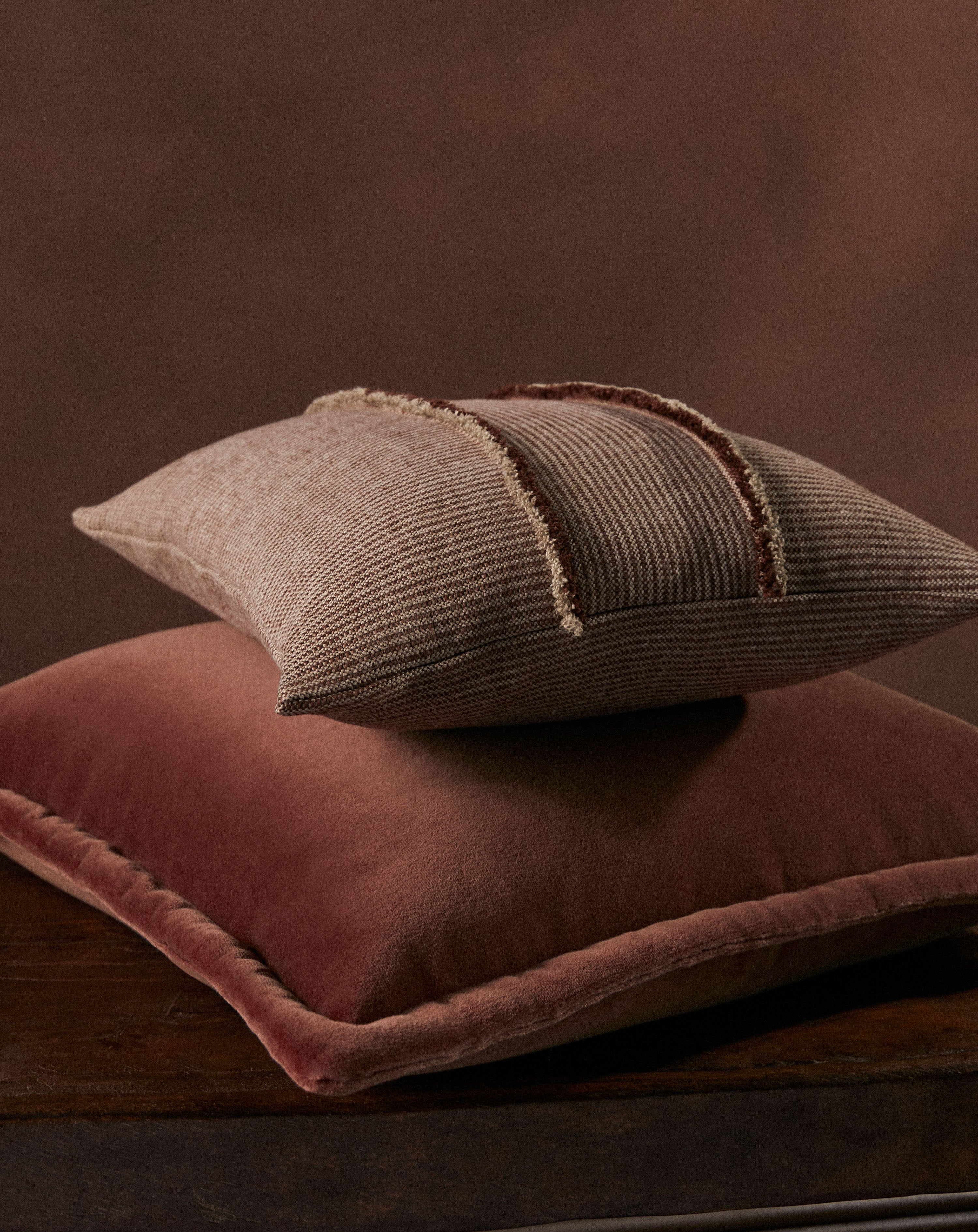 SALOPETTE CUSHION WITH FRINGED PANELS - MAROON - Peter Staunton Design Studio