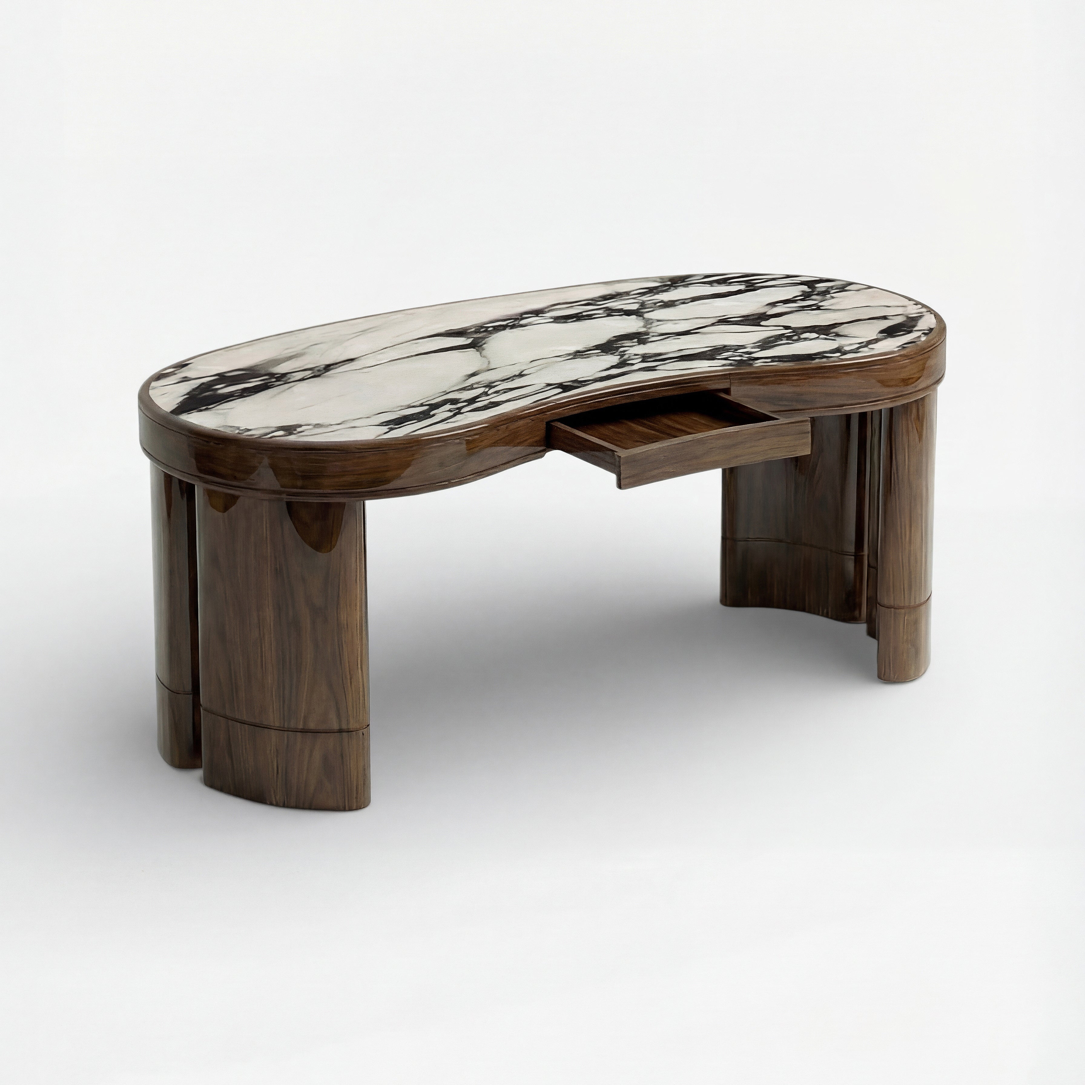 Nicola Glossy Wood And Calacatta Viola Marble Desk